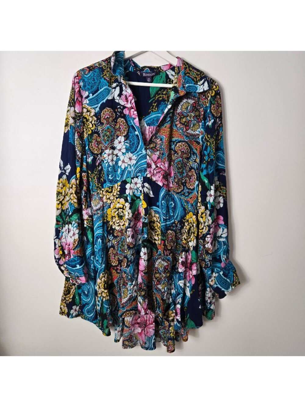 Roaman's Size 20W Floral Tunic V-Neck Collared Vibrant Floral Print Blouse